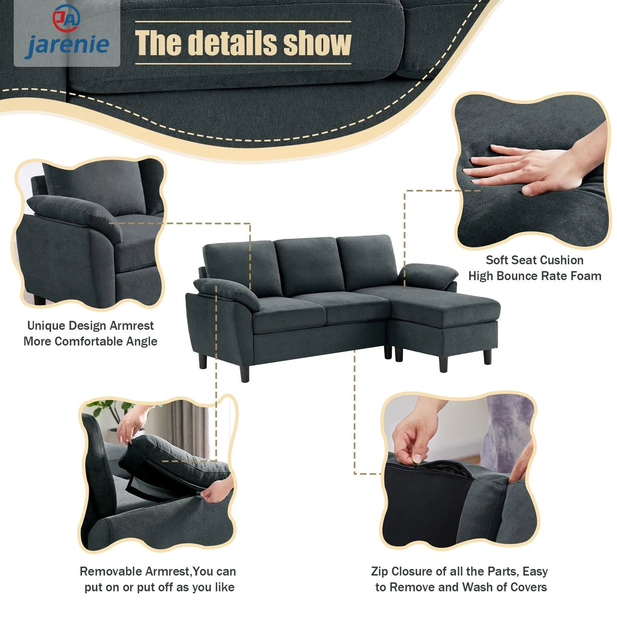 Charcoal Grey L Shaped Sectional Sofa with Reversible Ottoman J221019