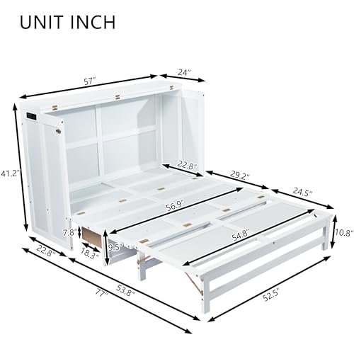 White Full Size Murphy Bed with Charging Station and Drawers S6620