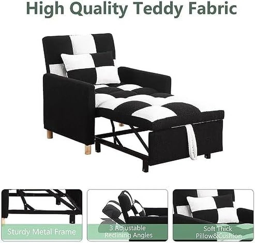 Convertible Chair Bed 3-in-1 Sleeper Single Sofa Chair Bed with Pillow Adjustable Backrest Recliner with Soft Teddy Fabric Pull Out Sleeper Bed J26125
