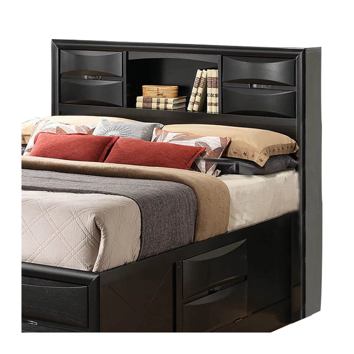 Black Wooden Queen Size Bed with Drawer and Open Shelf L308271