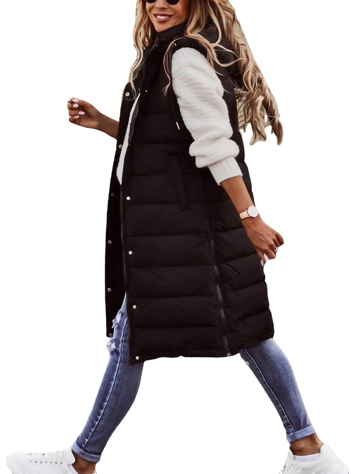 Black Hooded Long Padded Quilted Vest P2628