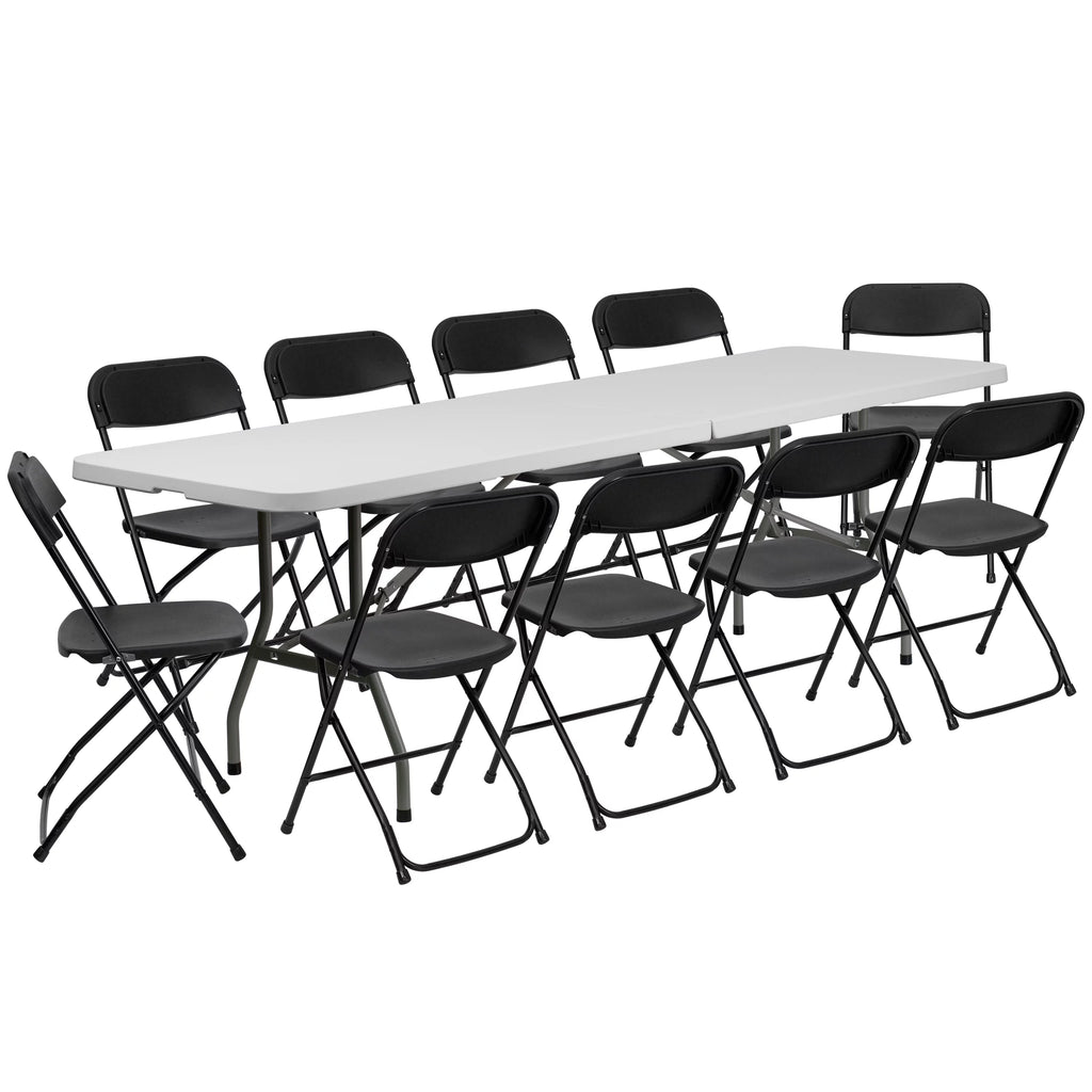 8' White Plastic Folding Table Set with 10 Folding Chairs M93603