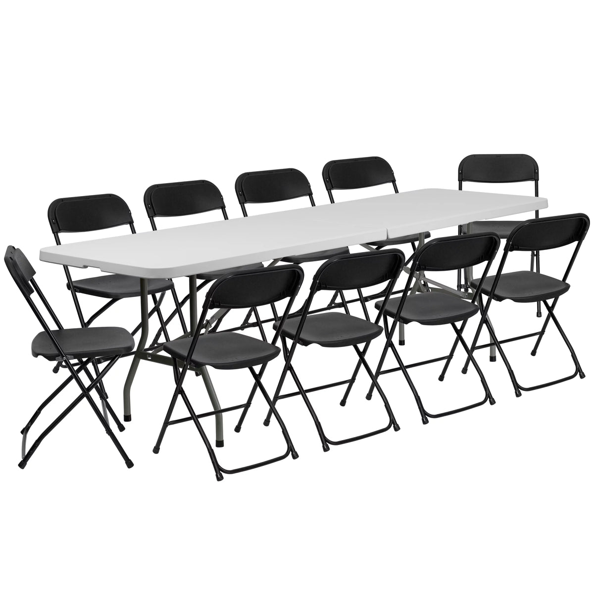 8' White Plastic Folding Table Set with 10 Folding Chairs M93603
