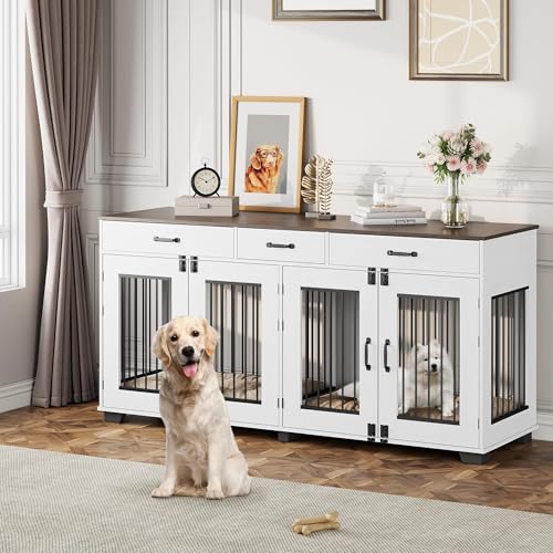 White Wooden Double Dog Crate with 3 Drawers B322