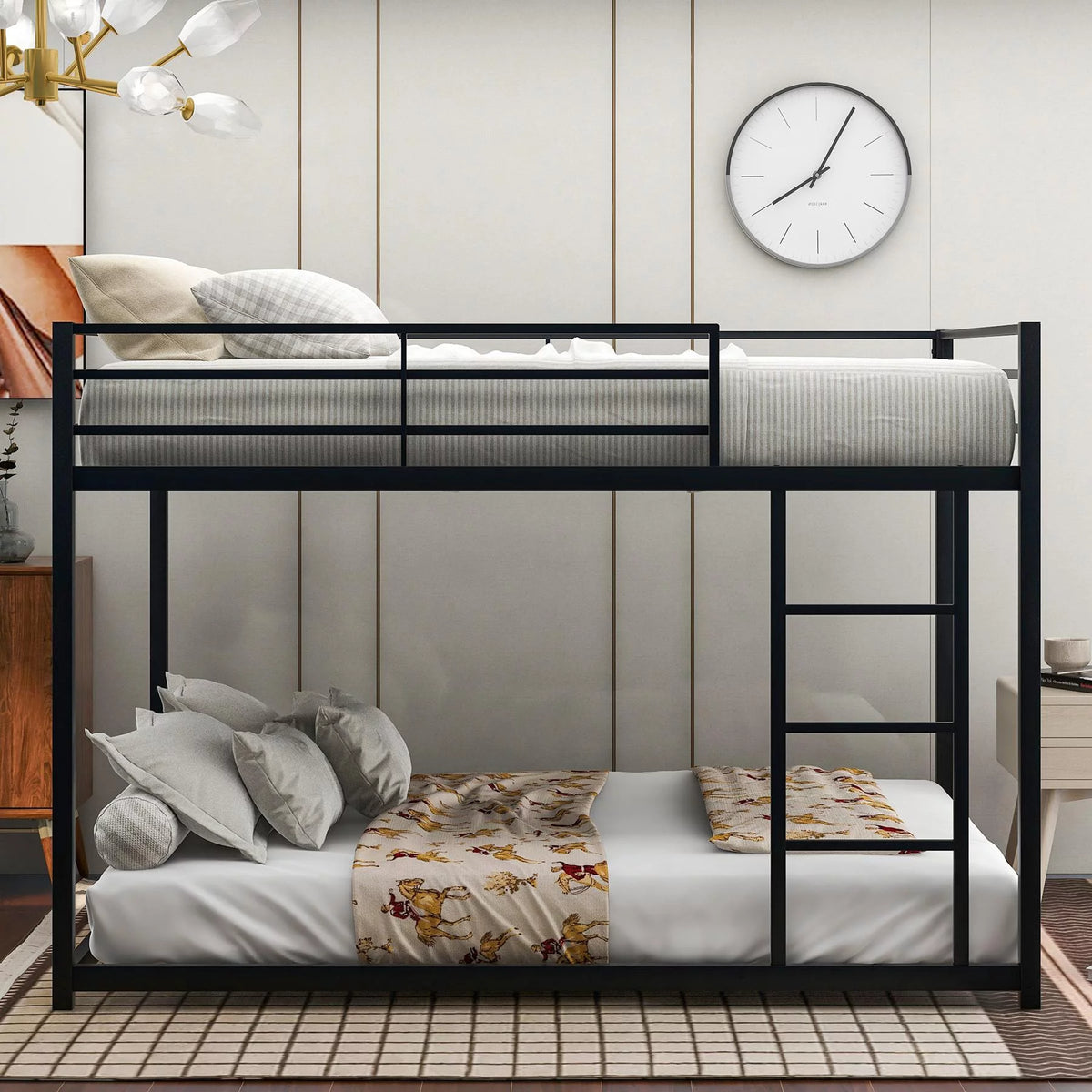 Black Full over Full Metal Bunk Bed with Ladder and Guardrails M2215