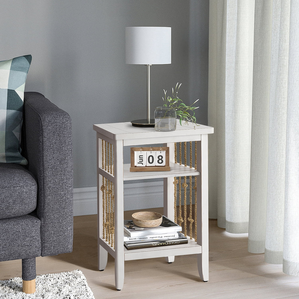 White 3-Tier MDF Side Table with Hemp Rope N62725