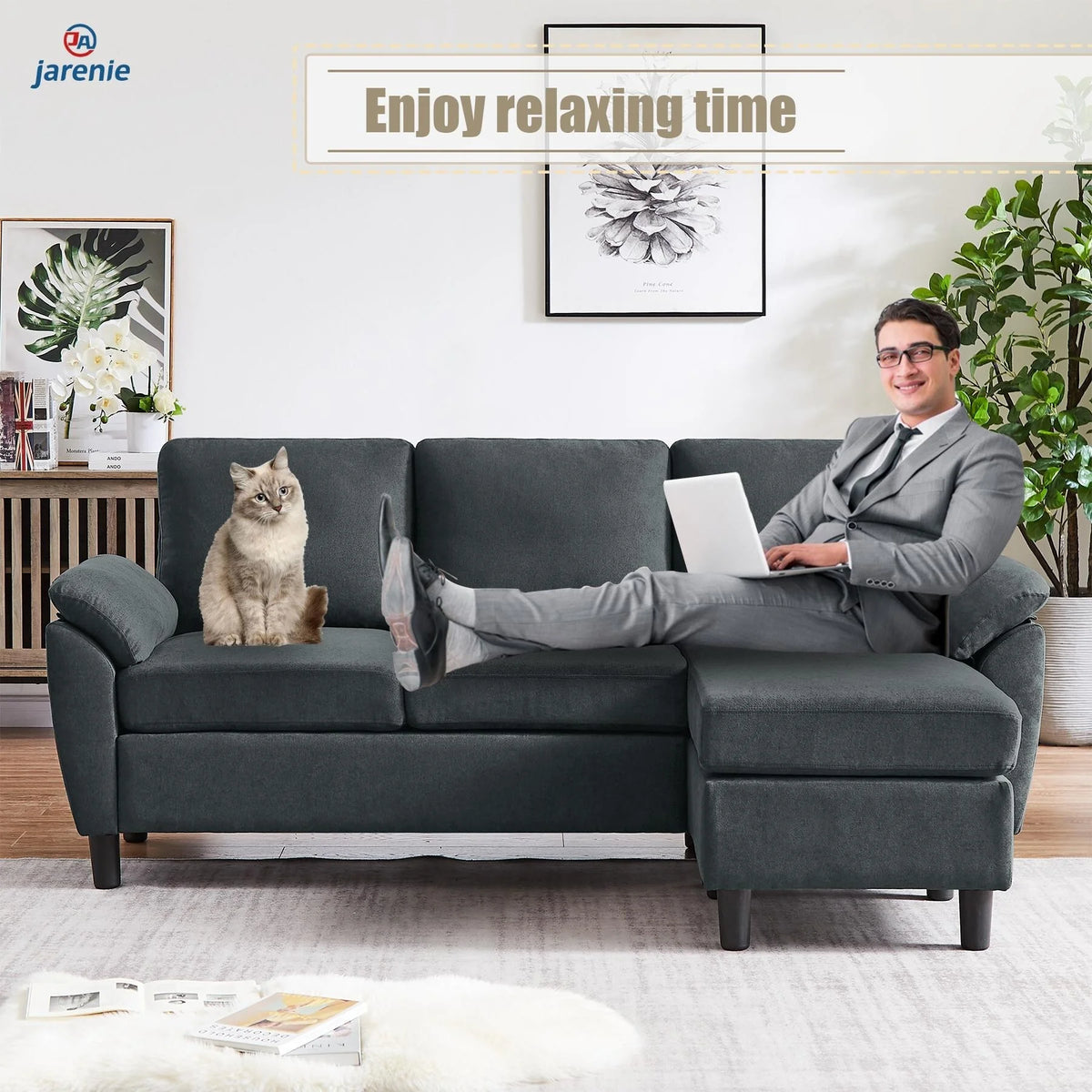 Charcoal Grey L Shaped Sectional Sofa with Reversible Ottoman J221019