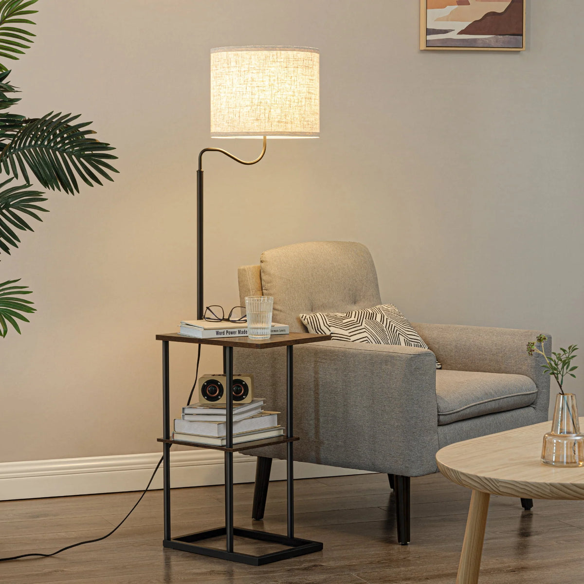 Brown Floor Lamp with Table and Shelves Z852988