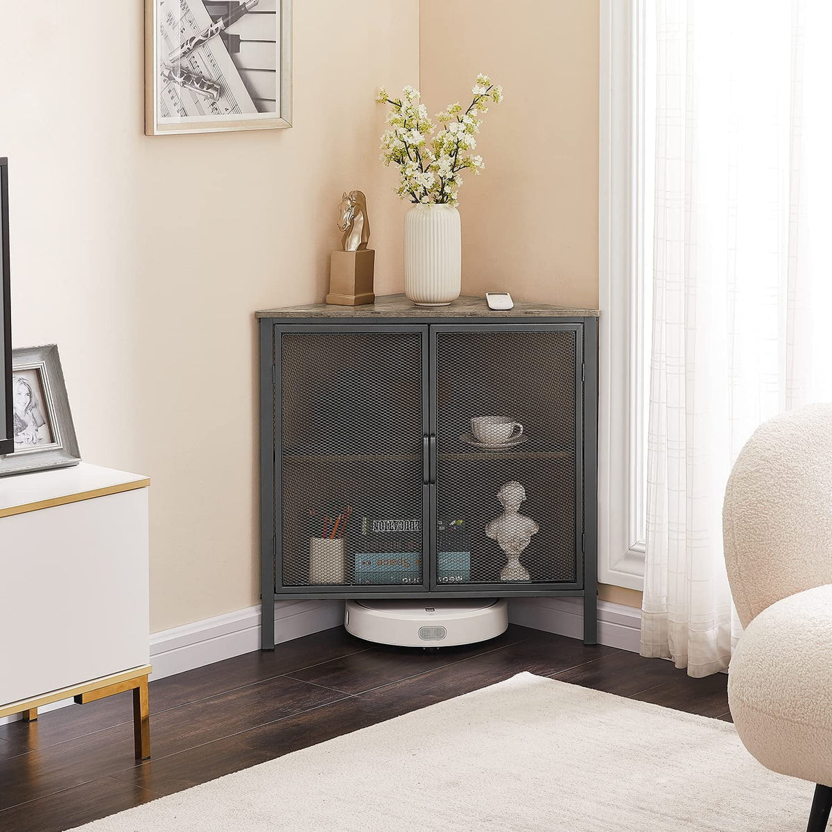 Brown and Black Corner Cabinet with Two Doors and Shelves H6925