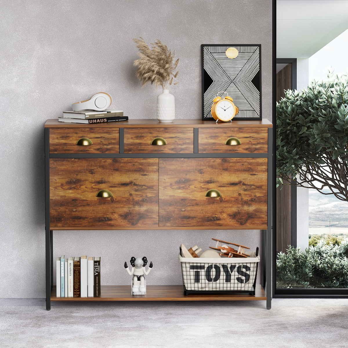 Rustic Brown Console Table with Drawers and Storage Shelves P82772