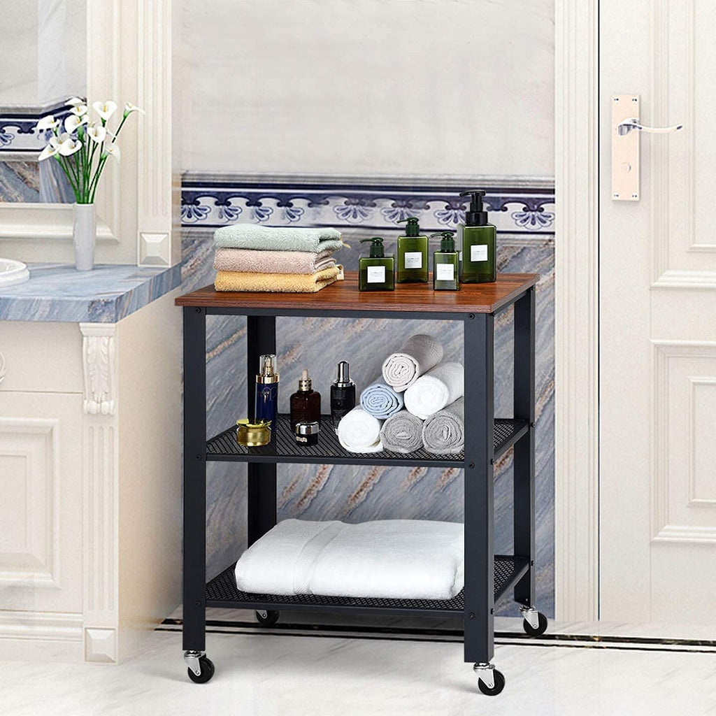 3-Tier Rolling Utility Cart with Metal Frame Wooden Table and Two Grid Storage Shelves M541
