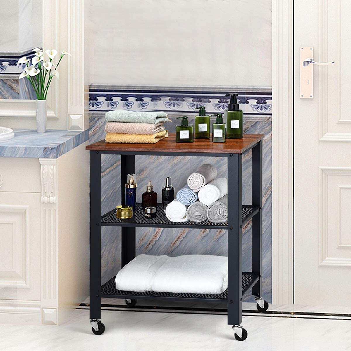 3-Tier Rolling Utility Cart with Metal Frame Wooden Table and Two Grid Storage Shelves M541