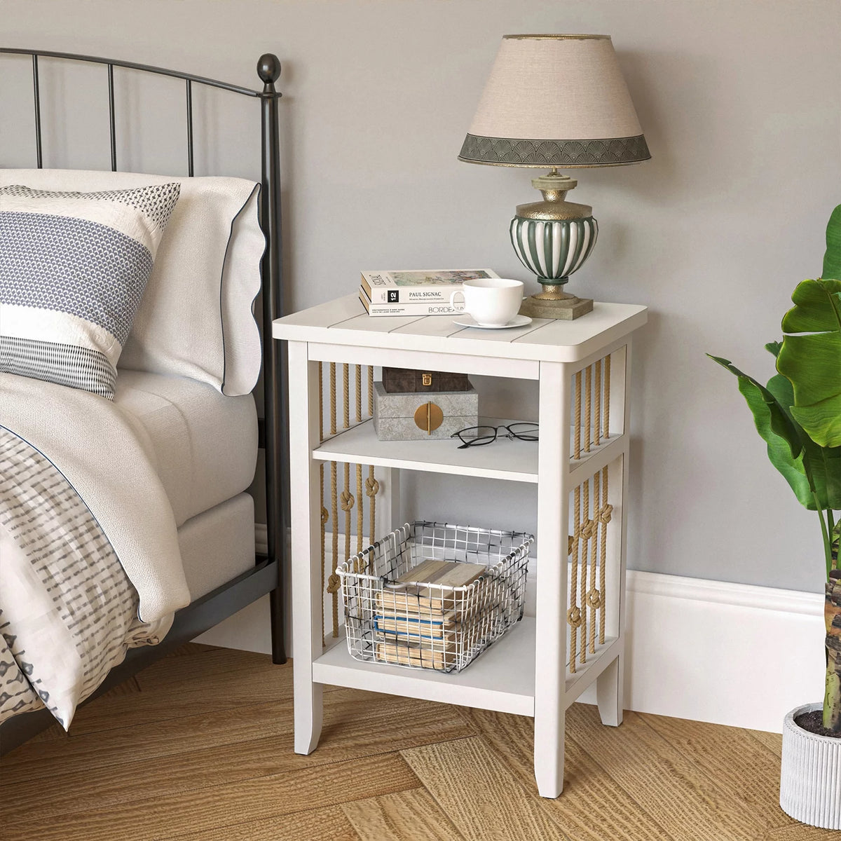 White 3-Tier MDF Side Table with Hemp Rope N62725