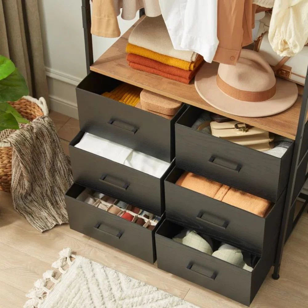 Freestanding Clothing Rack with Hanging Rod and 6 Drawer Wooden Wardrobe Armoire D172