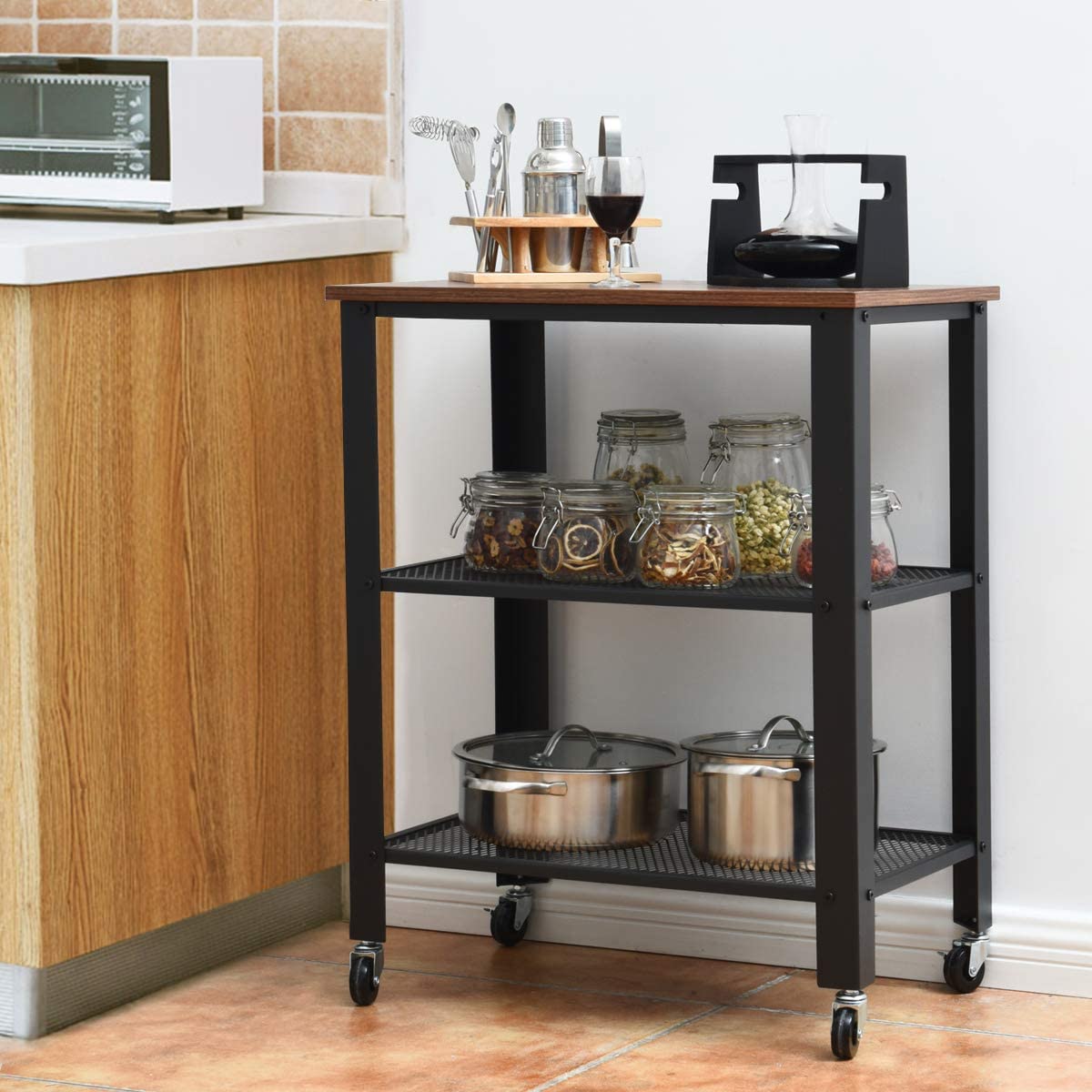 3-Tier Rolling Utility Cart with Metal Frame Wooden Table and Two Grid Storage Shelves M541