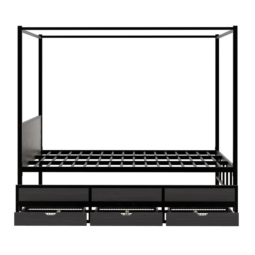 Queen Size Black Metal Canopy Platform Bed with Trundle and 3 Storage Drawers Z859