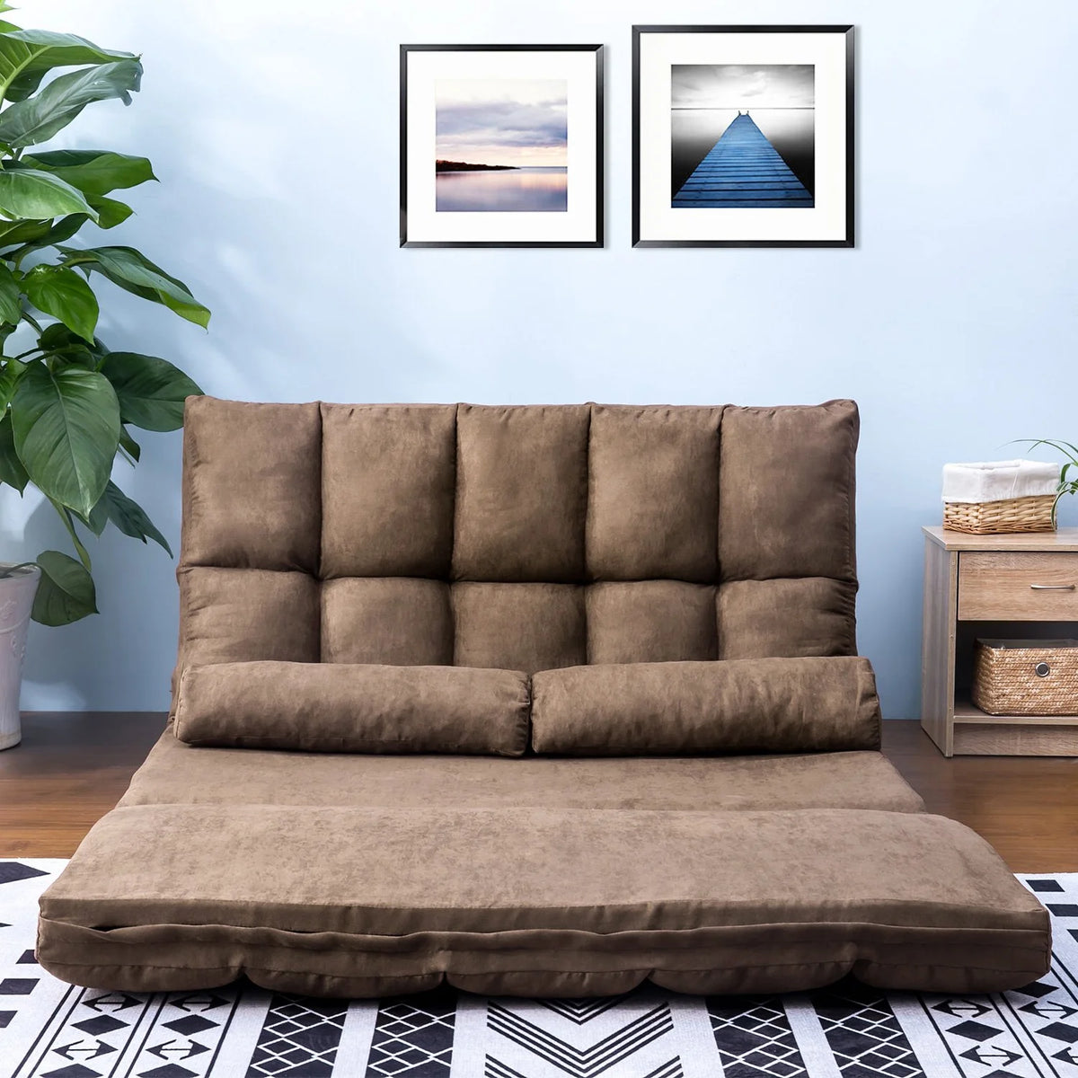 Brown Double Chaise Lounge Sofa with Two Pillows G186