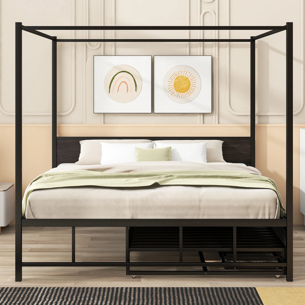 Queen Size Black Metal Canopy Platform Bed with Trundle and 3 Storage Drawers Z859