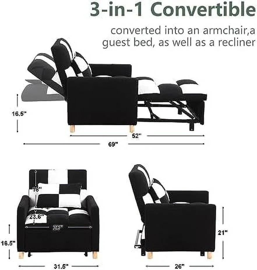 Convertible Chair Bed 3-in-1 Sleeper Single Sofa Chair Bed with Pillow Adjustable Backrest Recliner with Soft Teddy Fabric Pull Out Sleeper Bed J26125