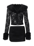 Lace & Plush Long-Sleeve Top & Mini Skirt 2 Pcs Set M364534