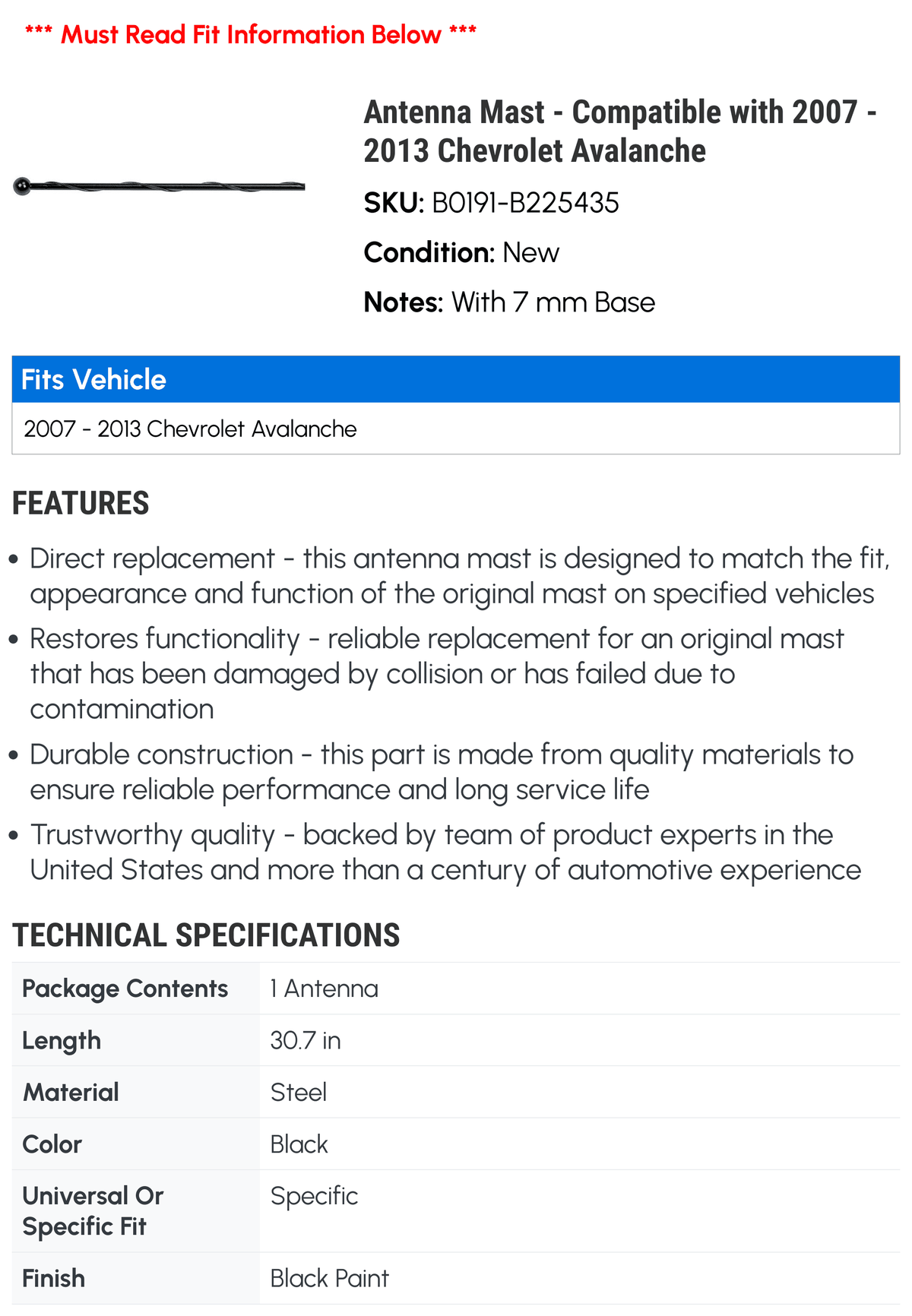 Antenna Mast for Chevy Avalanche U30953
