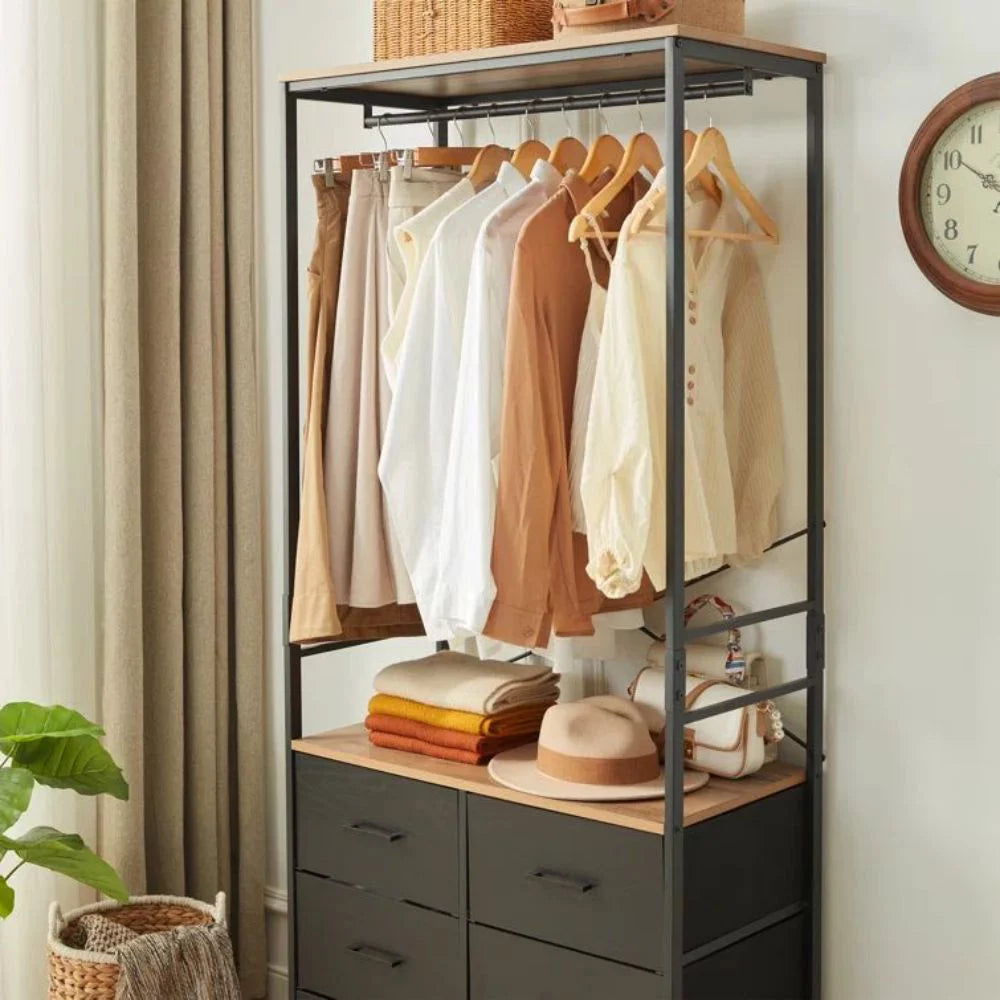 Freestanding Clothing Rack with Hanging Rod and 6 Drawer Wooden Wardrobe Armoire D172