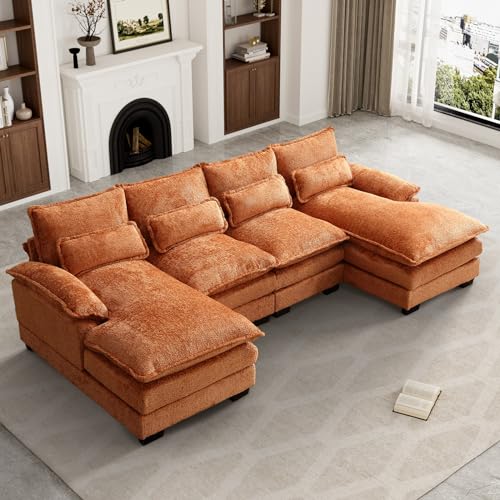 U Shape Sectional Sofa, 110" Upholstery Modular Sofa, 4 Seat Chenille Sleeper Sofa with Double Chaise, Orange Q5934