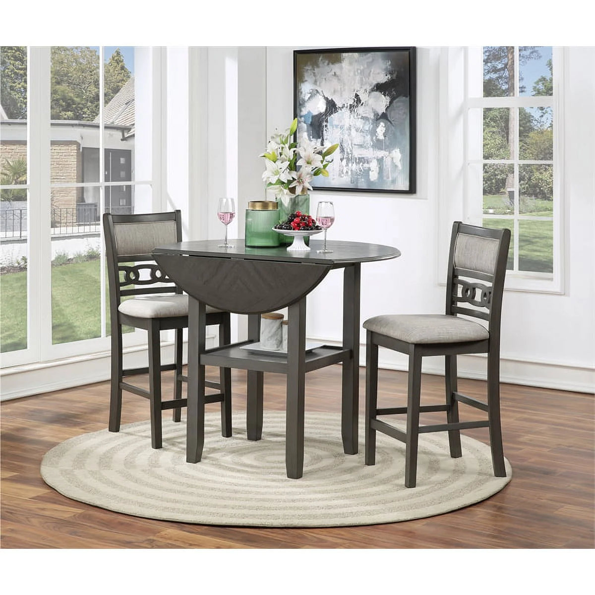 Gray Solid Wood Drop Leaf Counter Table with 2 Chairs L59118