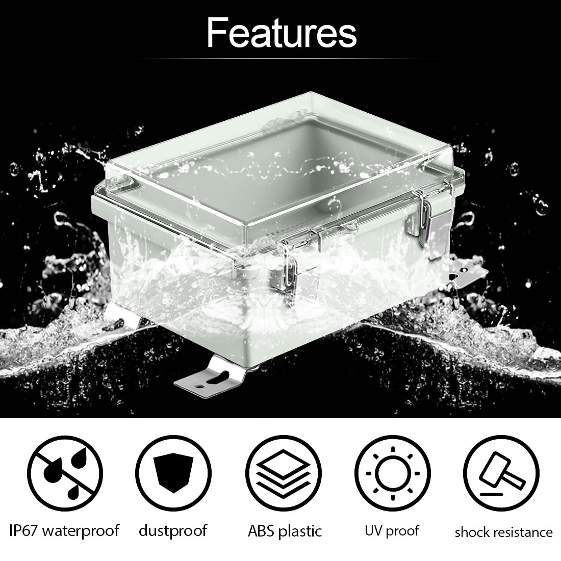 ABS Junction Box Hinged Clear Cover Stainless Steel Latch IP67 Waterproof Enclosure with Mounting Plate Wall Bracket 5.9x3.9x2.8 inch Pack of 2 R41598