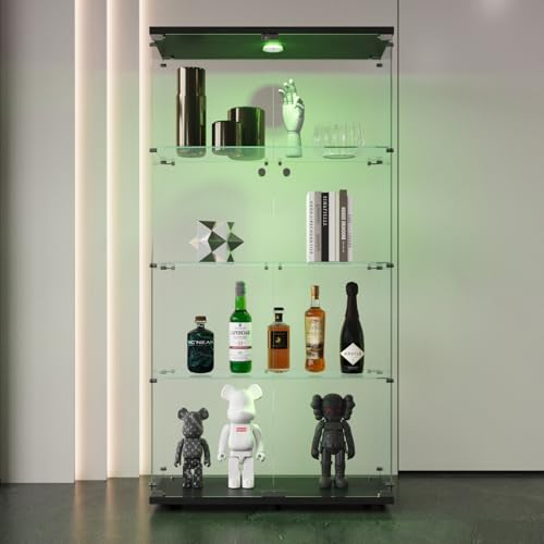 Black 4 Shelves Glass Display Cabinet with Light and Lock N746