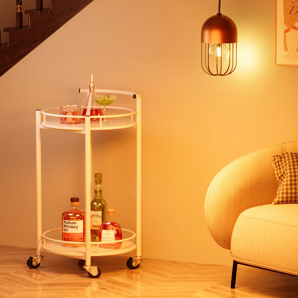 White 2 Tiers Rolling Metal Bar Cart with Handle I51623