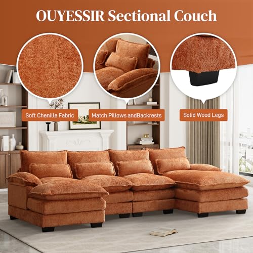 U Shape Sectional Sofa, 110" Upholstery Modular Sofa, 4 Seat Chenille Sleeper Sofa with Double Chaise, Orange Q5934