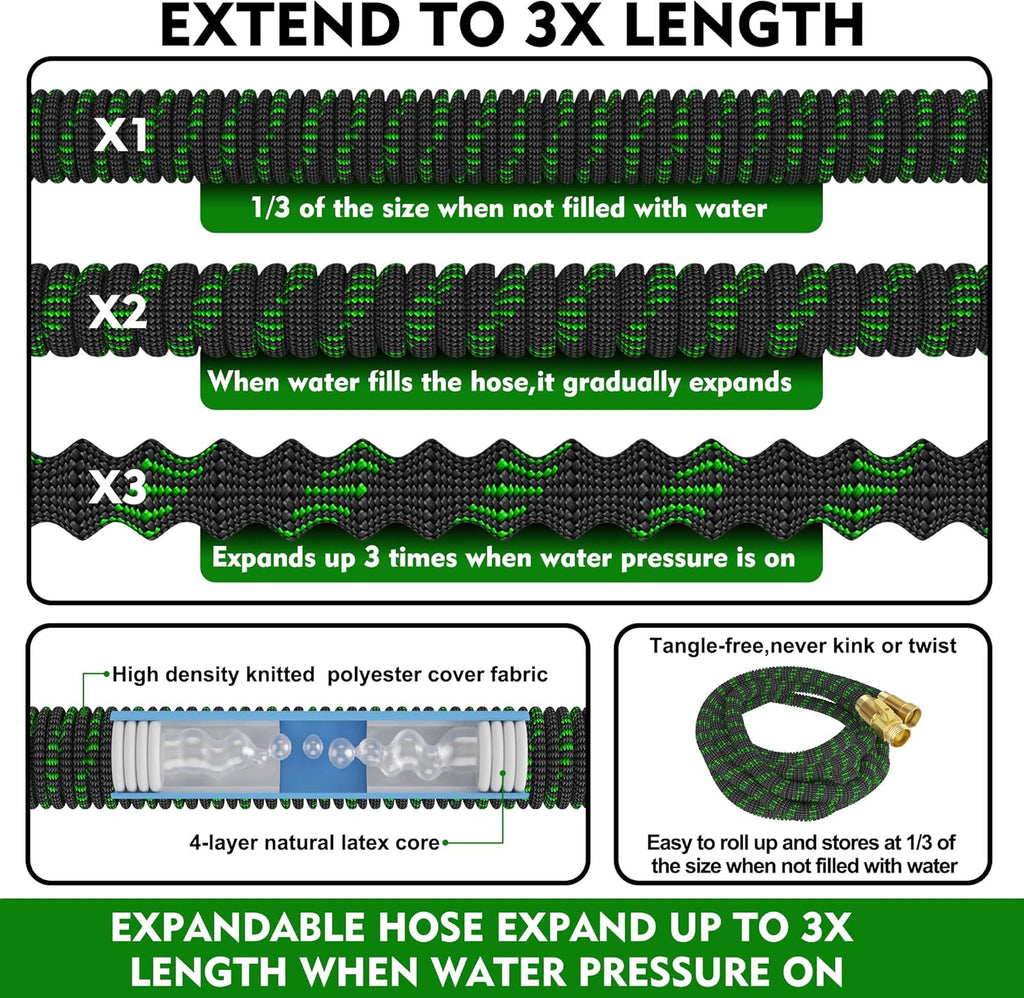 100ft Expandable Garden Hose with 10 Function Nozzle and Solid Brass Fittings U4050