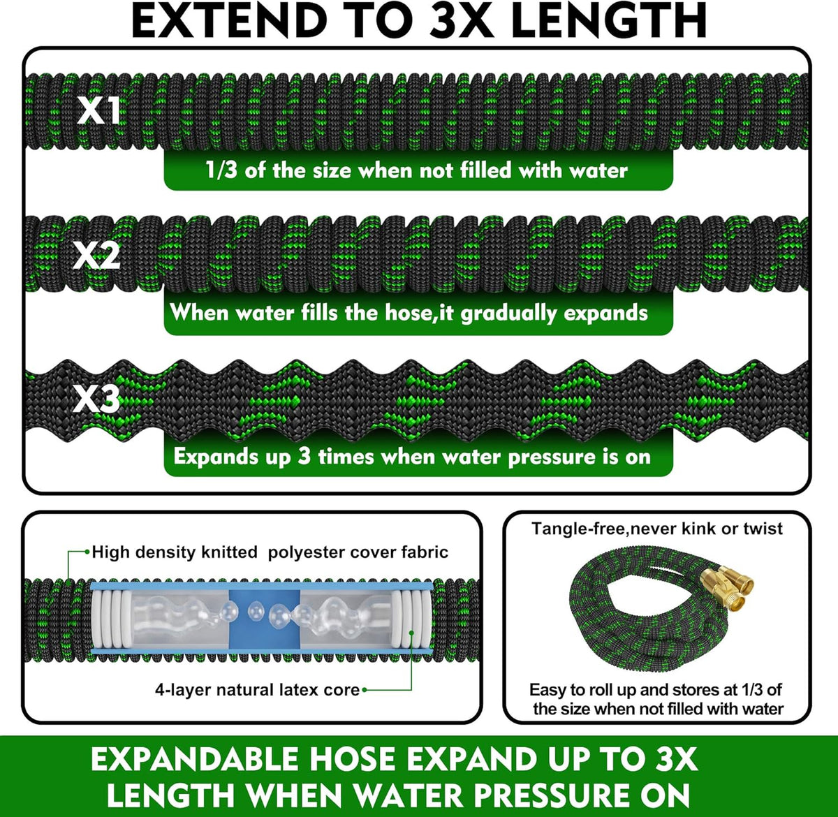 100ft Expandable Garden Hose with 10 Function Nozzle and Solid Brass Fittings U4050