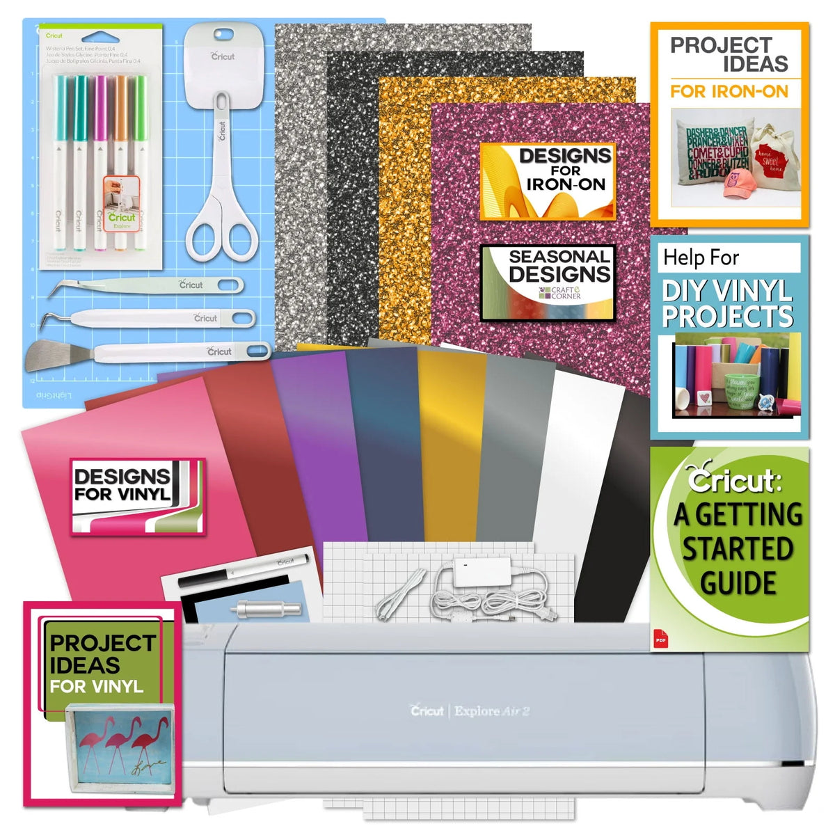 Cutting Machine with Vinyl Sampler Pack, Tool Kit, Pen Set and Cutting Mat Bundle M546
