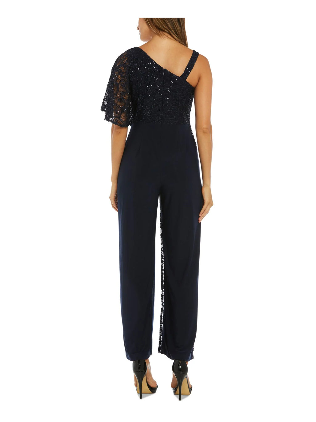 Navy Sequined One Shoulder Wide Leg Jumpsuit Y4229