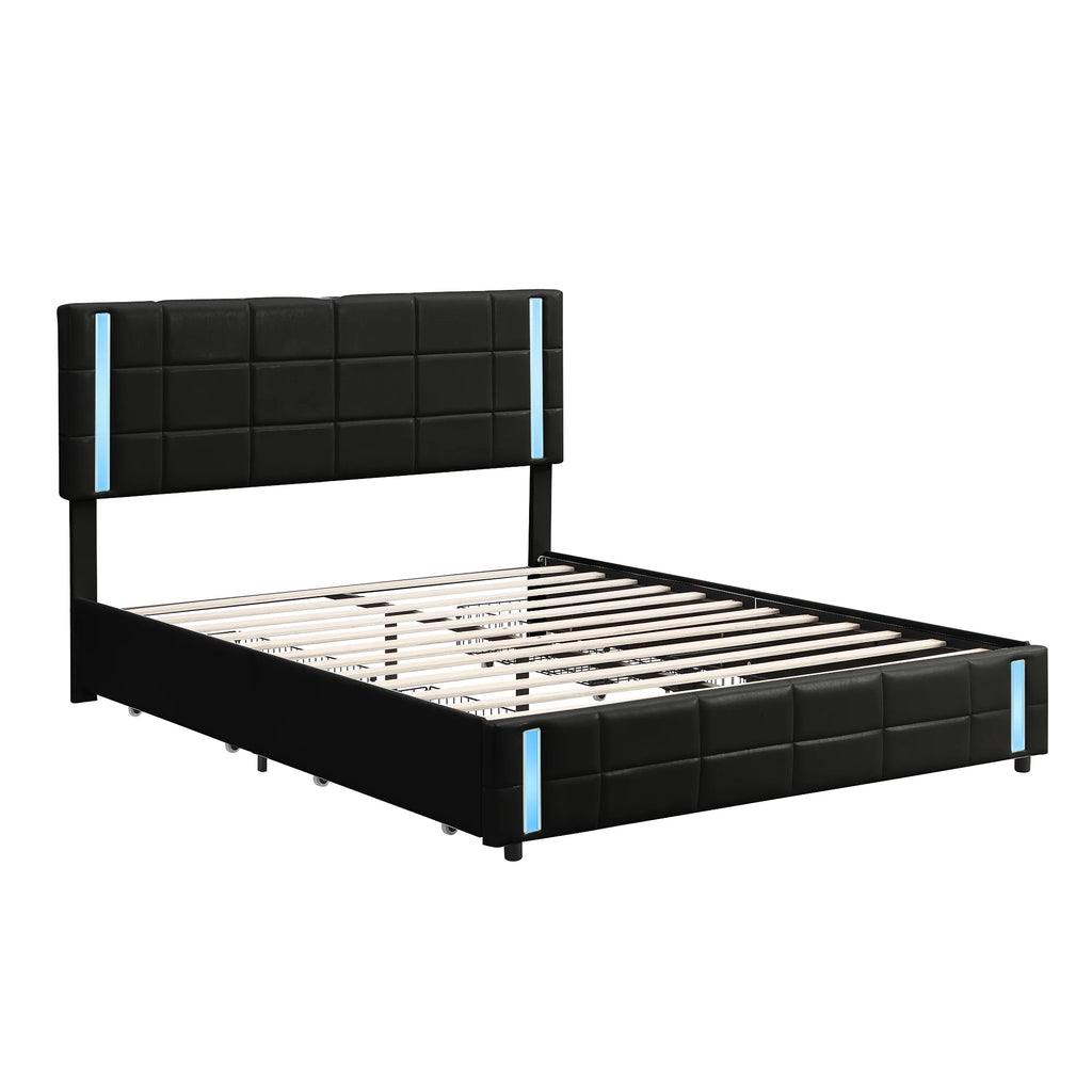 Queen Size Upholstered Platform Bed with LED Lights and USB Charging, 4 Drawers, Black L585663