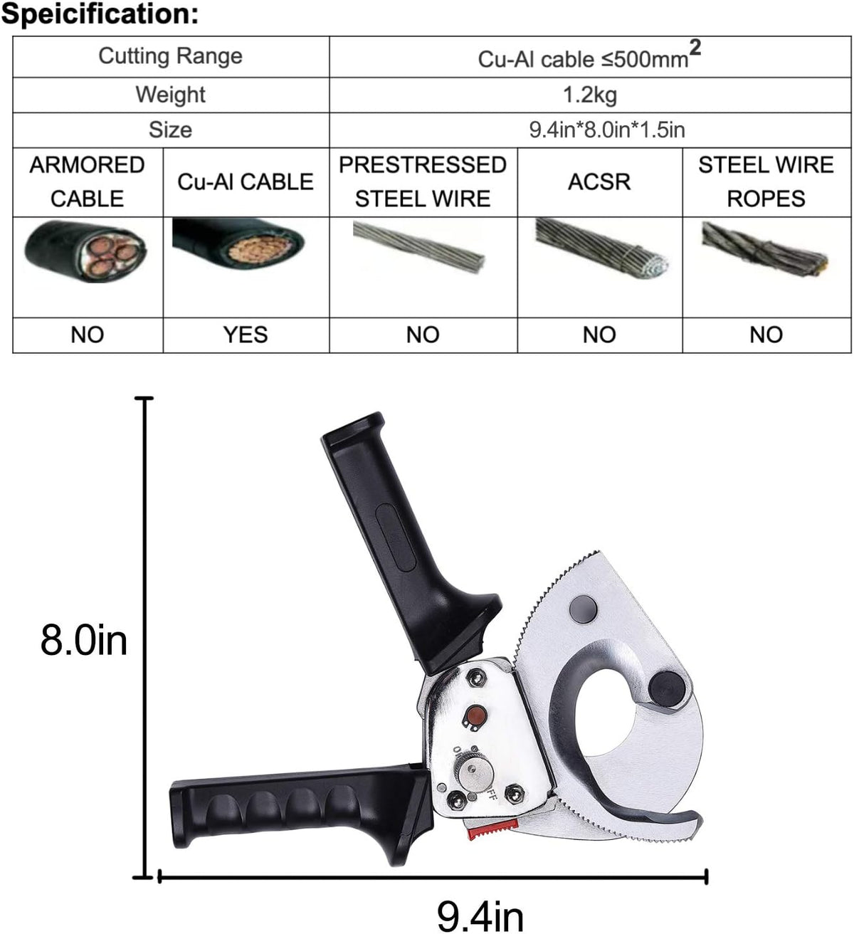 Ratchet Cable Wire Cutter, Steel Blades, 9.4Inch Pack of 2 P949517