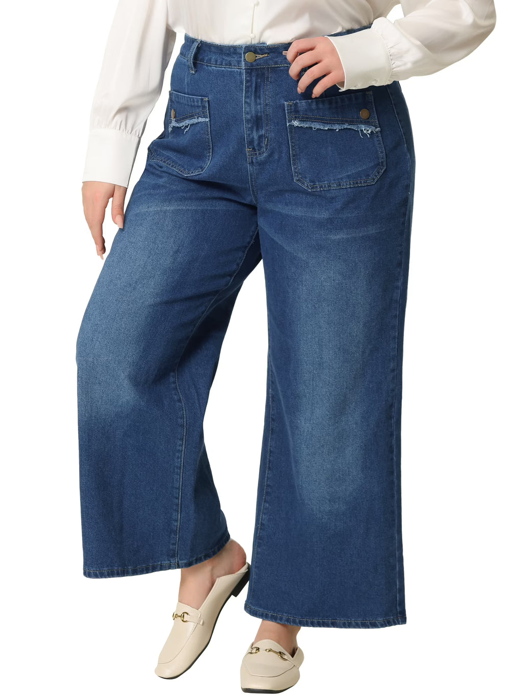 Plus Size Wide Leg Stretch Washed Long Jeans D8621