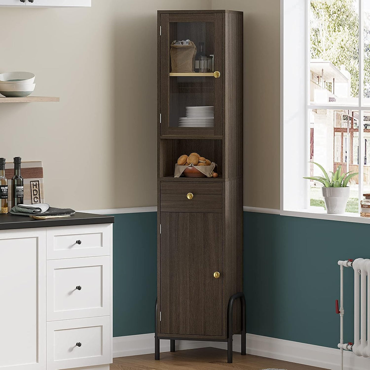 67'' Tall Bathroom Storage Cabinet with Drawer, Glass Door & Shelves L8796
