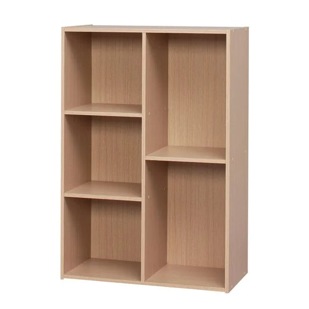 Light Brown 5-Compartment Wood Bookcase Storage Shelf S594