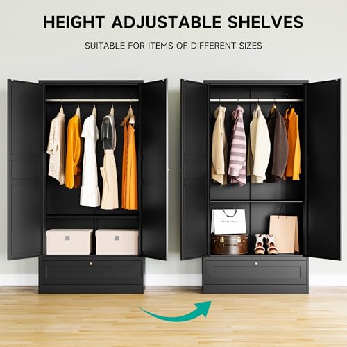 White Metal Wardrobe Cabinet with Adjustable Shelves and Hanging Rod U8464
