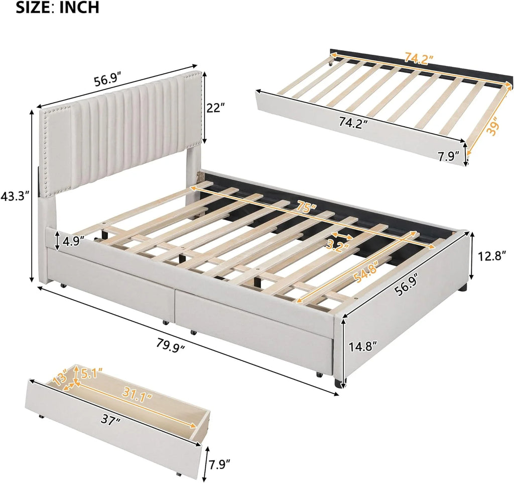 Beige Full Size Upholstered Platform Bed with 2 Drawers D4903