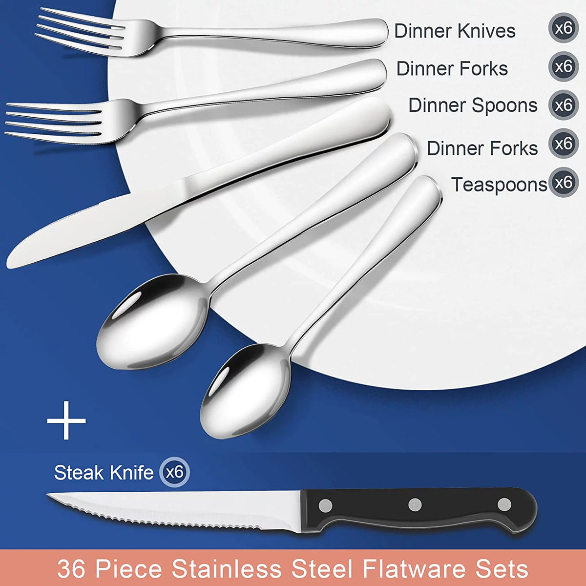 36-Piece Stainless Steel Flatware Set with Steak Knives W456