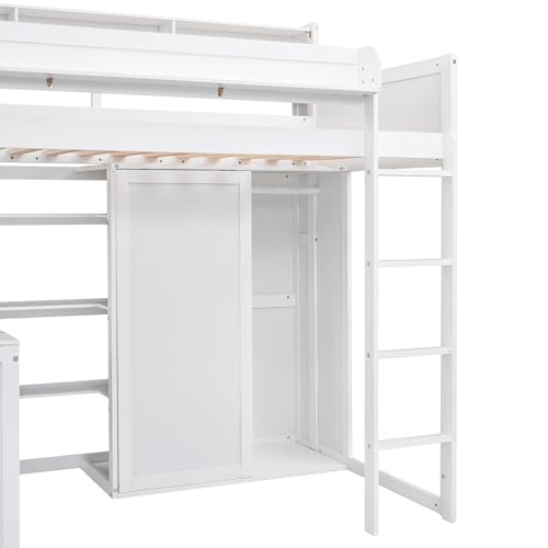 Twin Size Wood Loft Bed with Desk Storage and Wardrobe I648477