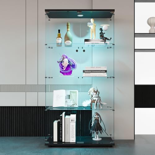 Black 4 Shelves Glass Display Cabinet with Light and Lock N746
