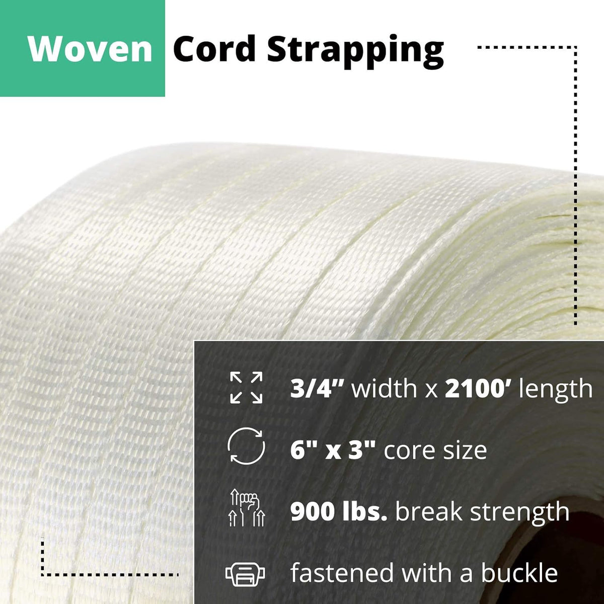 3/4" x 2100’ Woven Cord Strapping Roll, 900 lbs Break Strength, White U3436