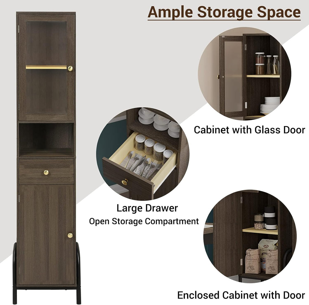 67'' Tall Bathroom Storage Cabinet with Drawer, Glass Door & Shelves L8796