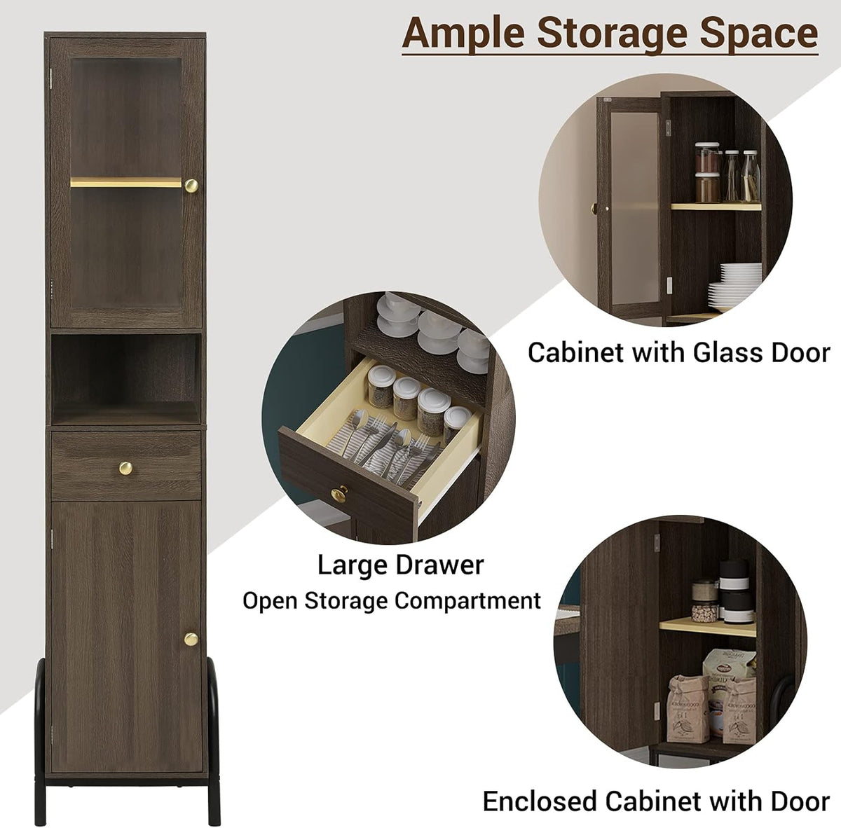 67'' Tall Bathroom Storage Cabinet with Drawer, Glass Door & Shelves L8796