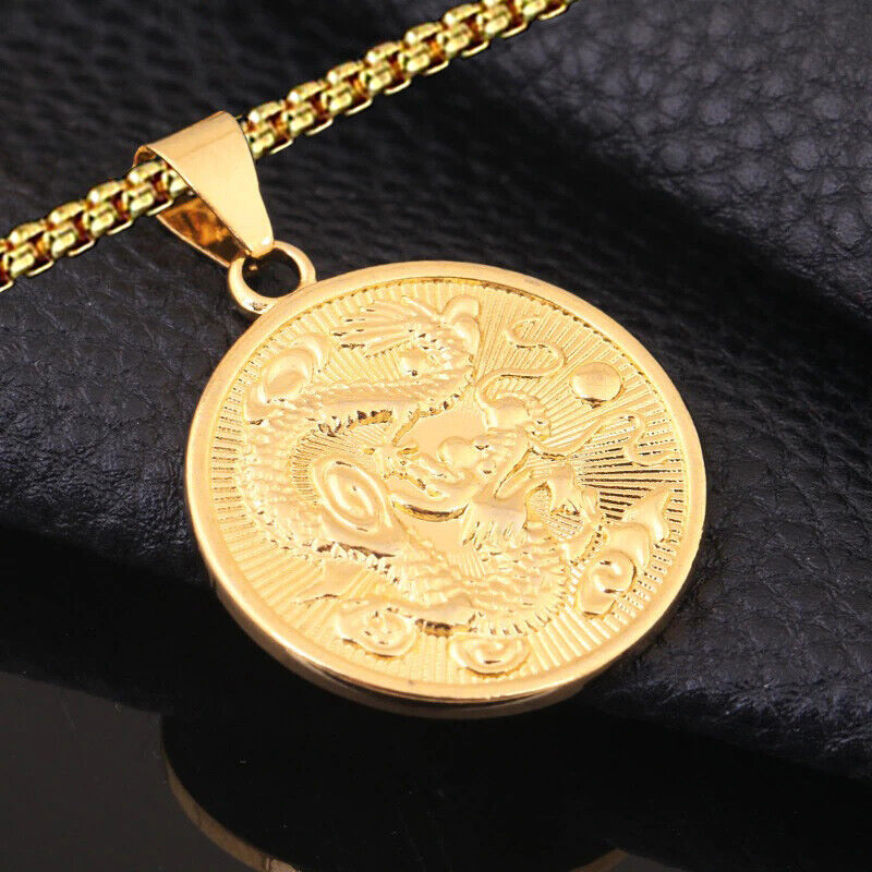 18k Gold 24" Chain Link Necklace And Dragon Filled Pendant K349